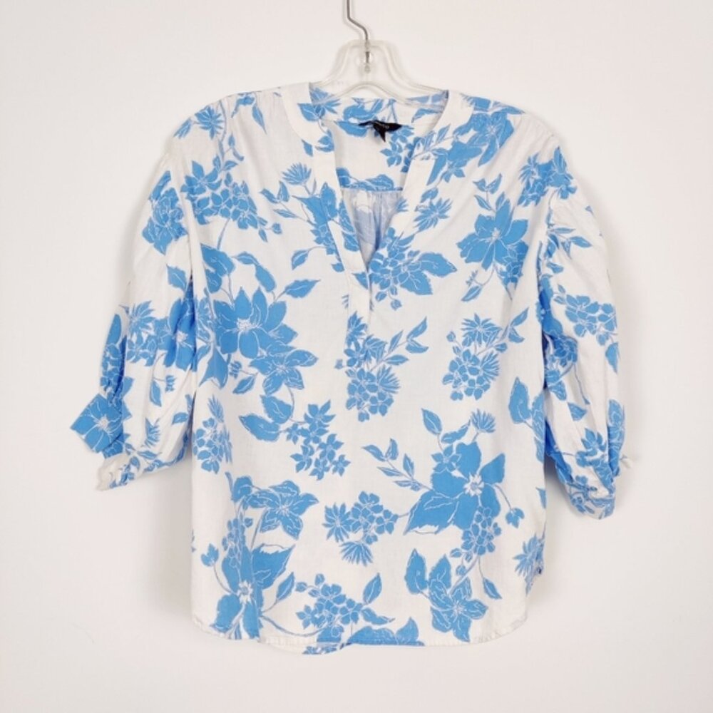 RW CO. Women’s Blue and White Floral Linen Blend Blouse - Size Small Oversized
